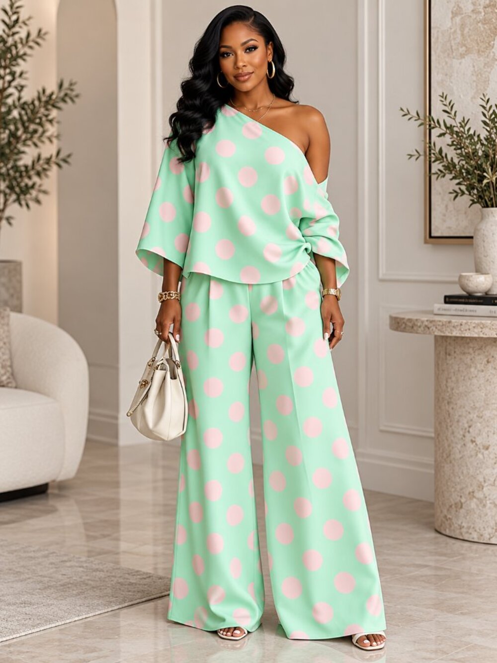 Mint Pink Polka Dot One Shoulder 2 Piece Wide Leg Pant Set XL